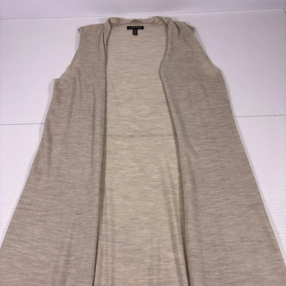 Eileen Fisher 100% Merino Wool Neutral Beige Open-Front Knit Duster Vest 1227